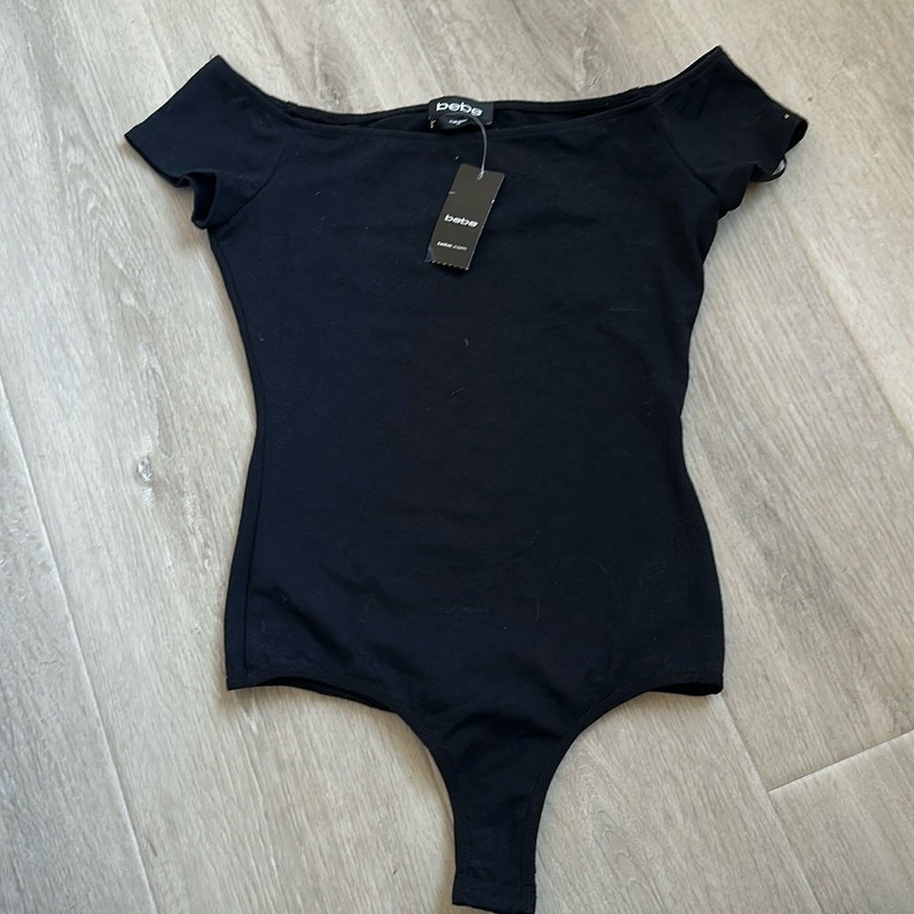 BEBE OFF THE SHOULDER CAP SLEEVE BODYSUIT Jet Black Sz XS